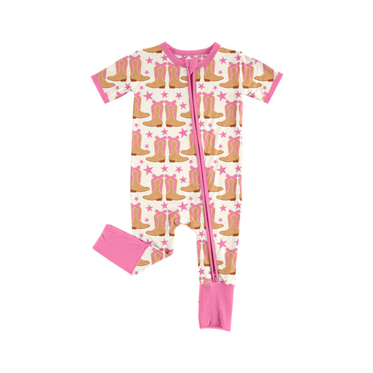 Preorder (moq 5)Baby Girls Western Pink Boots Stars Zipper Rompers