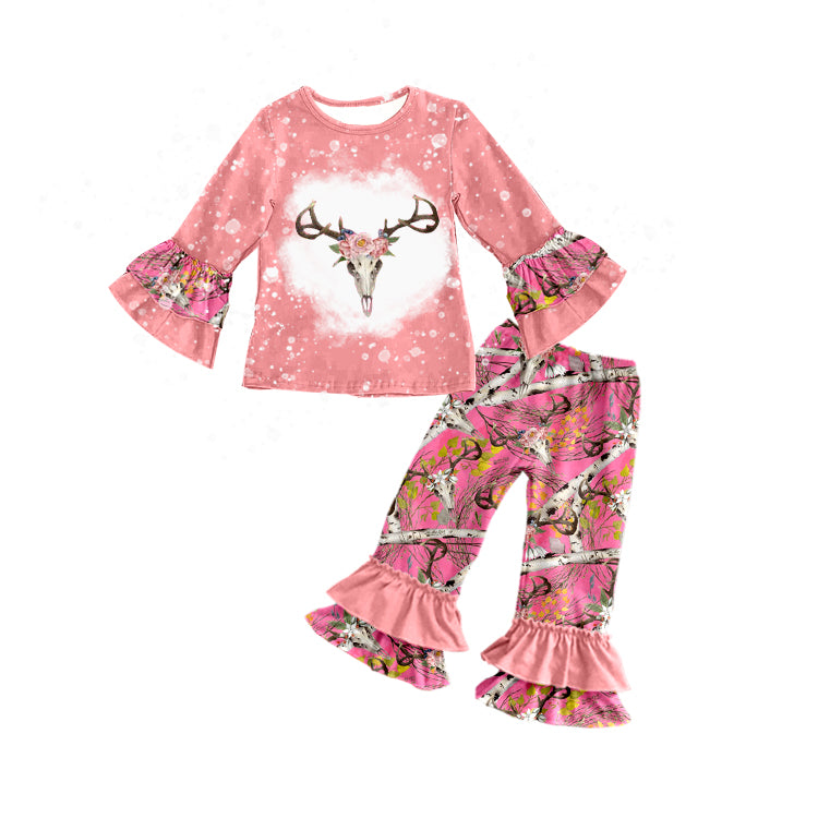 Baby Girls Pink Cow Skull Ruffle Top Pants Clothes Sets preorder(moq 5)