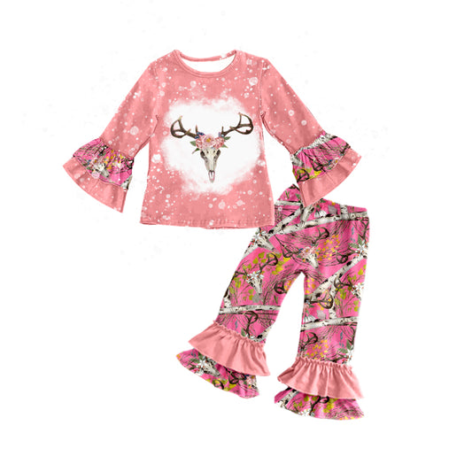 Baby Girls Pink Cow Skull Ruffle Top Pants Clothes Sets preorder(moq 5)