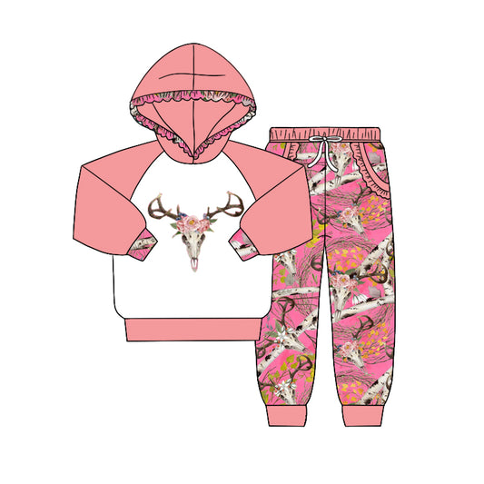 Baby Girls Pink Cow Skull Boutique Hooded Top Pants Clothes Sets preorder(moq 5)