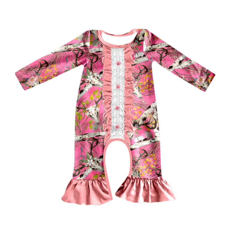 Baby Infant Girls Pink Cow Skull Camo Long Sleeve Rompers preorder(moq 5)