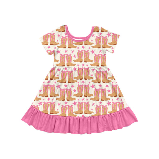 Preorder (moq 5)Baby Girls Western Pink Boots Stars Knee Length Dresses