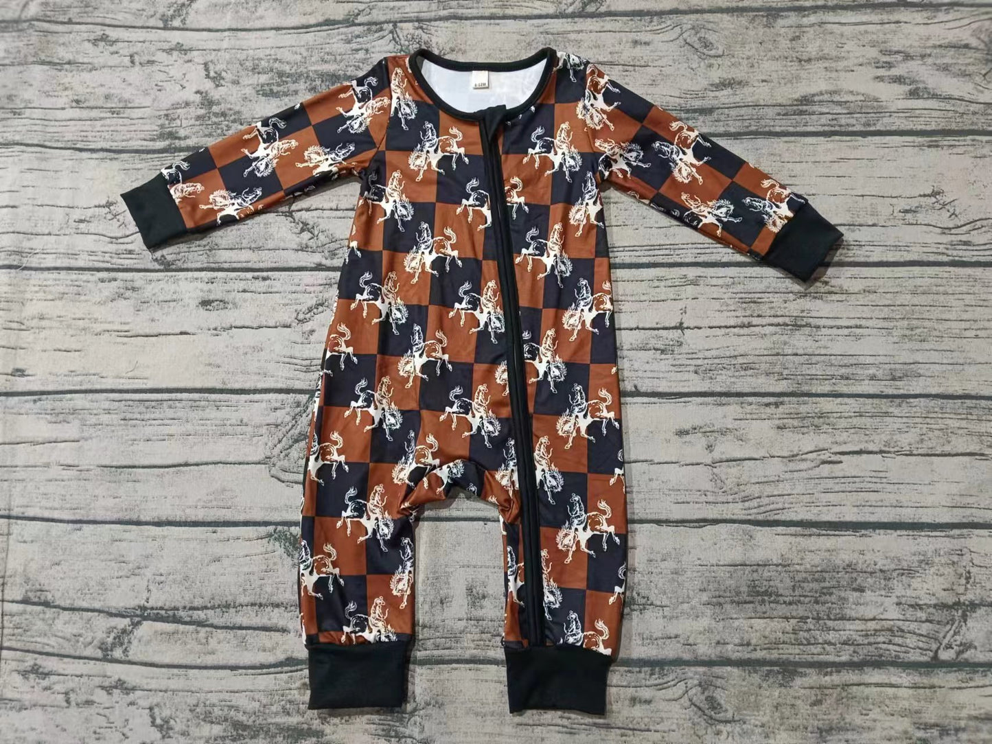 Baby Boys Western Rodeo Black Long Sleeve Zip Bamboo Rompers Preorder(moq 5)