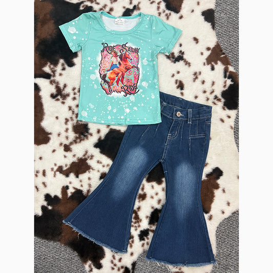Baby Girls Western Ride Rodeo Shirt Bell Denim Pants Clothes Sets