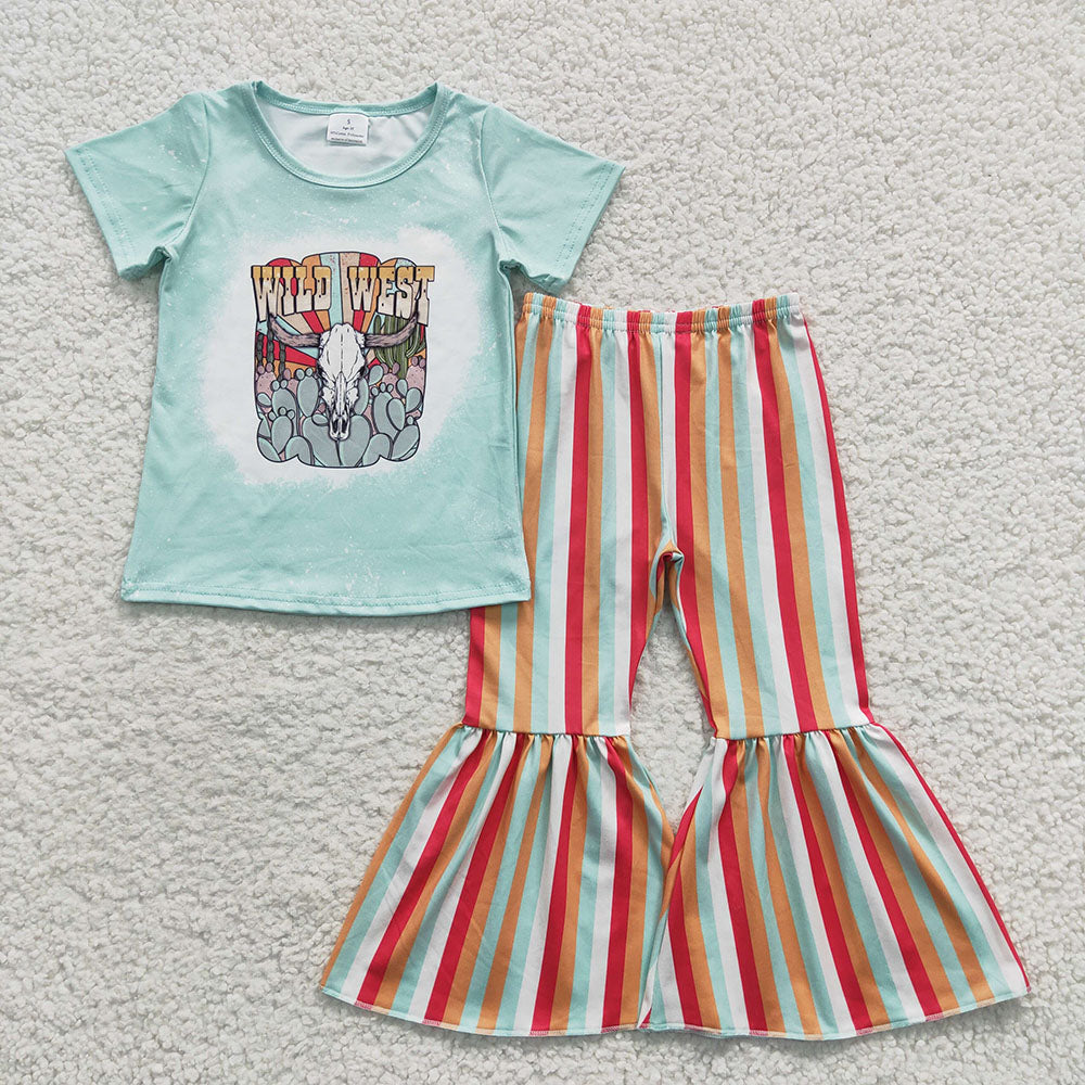 Baby Girls Wild West Tee Shirts Bell Stripes Pants Clothes Sets