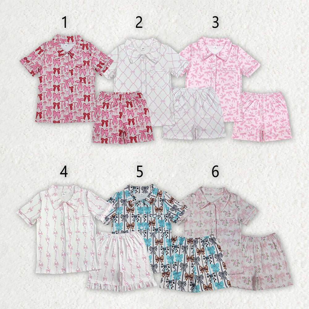 Sibling 6 Colors Adult Women Bows Pocket Buttons Tops Shorts Pajamas
