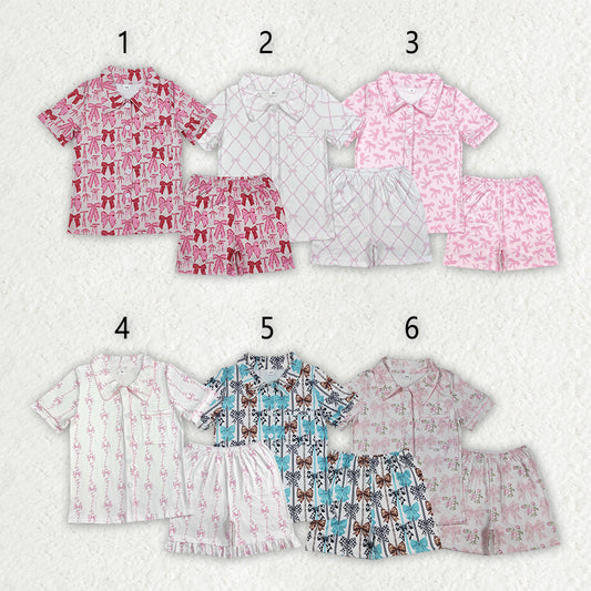Sibling 6 Colors Adult Women Bows Pocket Buttons Tops Shorts Pajamas