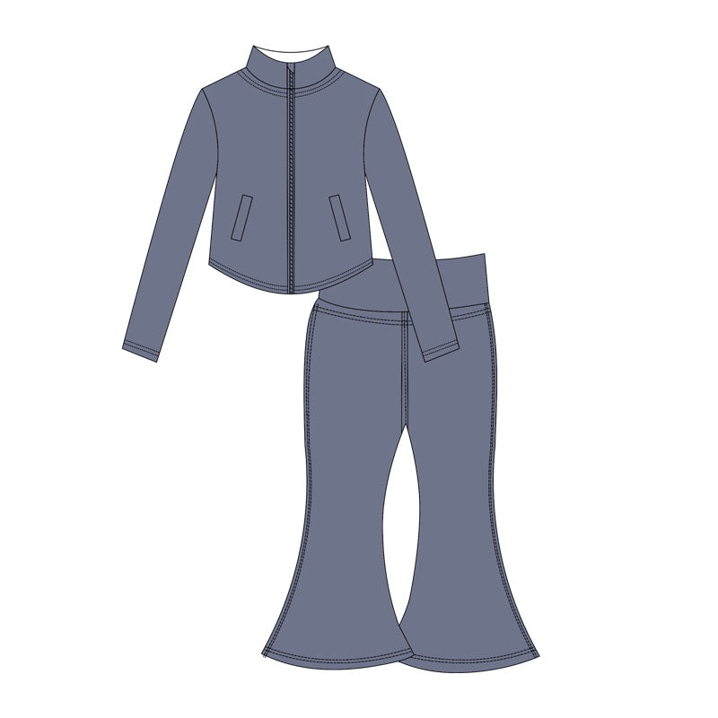 Preorder moq 10 Baby Girls Long Sleeves Pockets Zipper Top Bell Bottom Pant Activity Wear Yoga Set