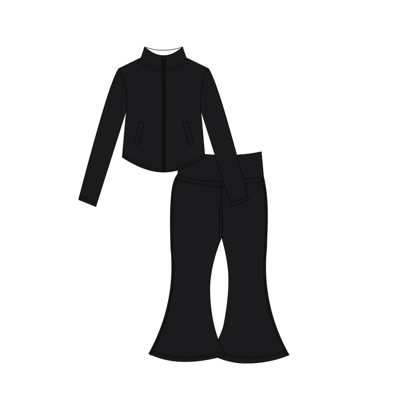 Preorder moq 10 Baby Girls Long Sleeves Pockets Zipper Top Bell Bottom Pant Activity Wear Yoga Set
