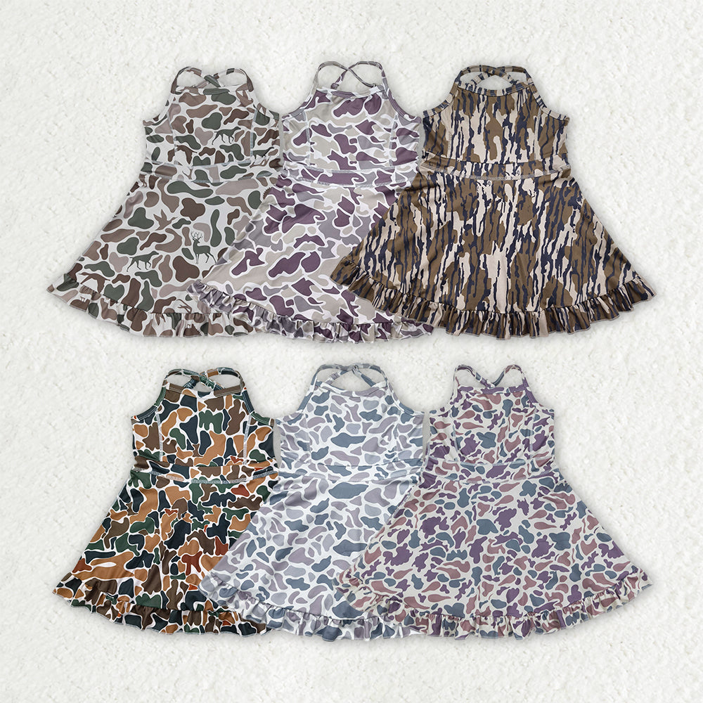 Sibling 6 colors Baby Girls Strap Camo Yoga Ruffle Knee Length Dresses