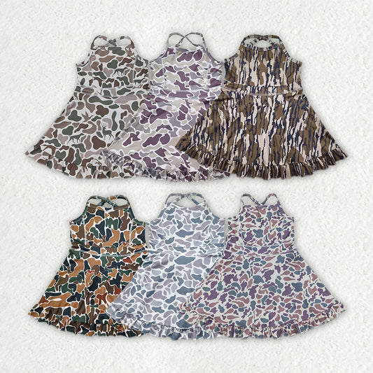 Sibling 6 colors Baby Girls Strap Camo Yoga Ruffle Knee Length Dresses