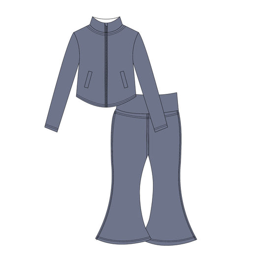 Preorder moq 10 Baby Girls Gray Long Sleeves Pockets Zipper Top Bell Bottom Pant Activity Wear Yoga Set