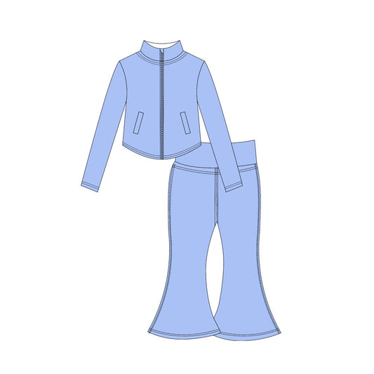 Preorder moq 10 Baby Girls Sky Blue Long Sleeves Pockets Zipper Top Bell Bottom Pant Activity Wear Yoga Set