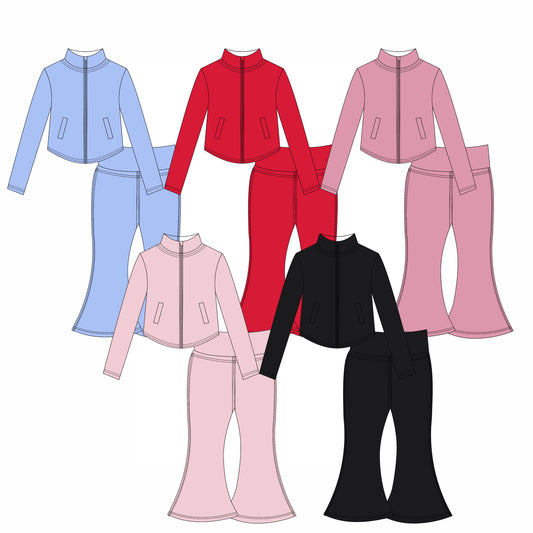 Preorder moq 10 Baby Girls Long Sleeves Pockets Zipper Top Bell Bottom Pant Activity Wear Yoga Set