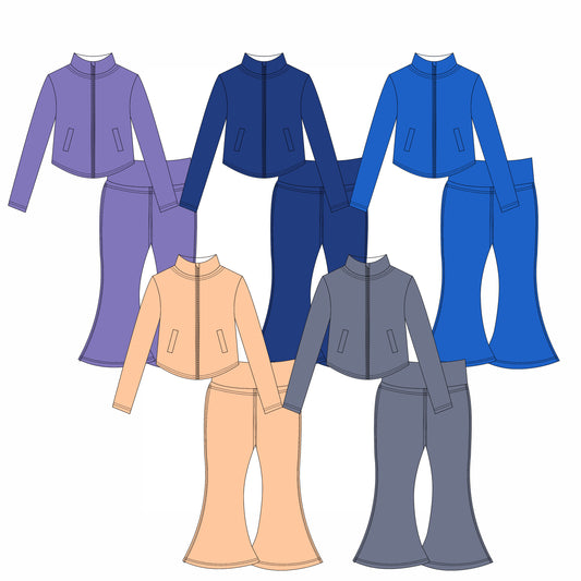 Preorder moq 10 Baby Girls Long Sleeves Pockets Zipper Top Bell Bottom Pant Activity Wear Yoga Set