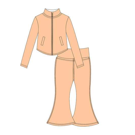 Preorder moq 10 Baby Girls Khaki Long Sleeves Pockets Zipper Top Bell Bottom Pant Activity Wear Yoga Set