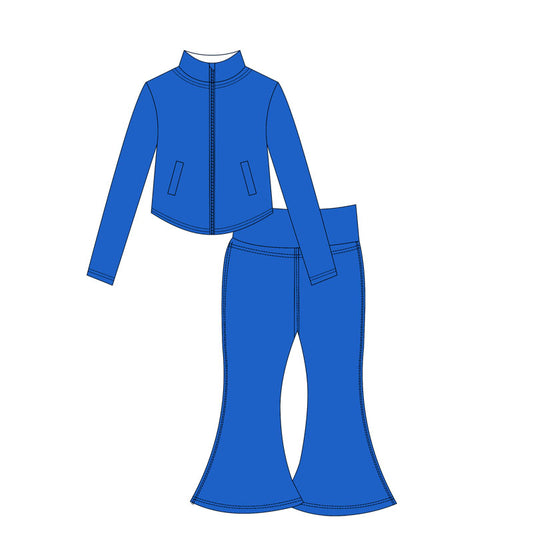 Preorder moq 10 Baby Girls Blue Long Sleeves Pockets Zipper Top Bell Bottom Pant Activity Wear Yoga Set