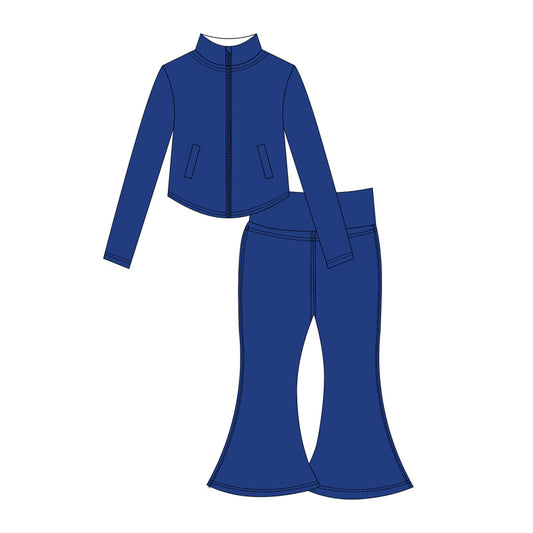 Preorder moq 10 Baby Girls Hot Blue Long Sleeves Pockets Zipper Top Bell Bottom Pant Activity Wear Yoga Set