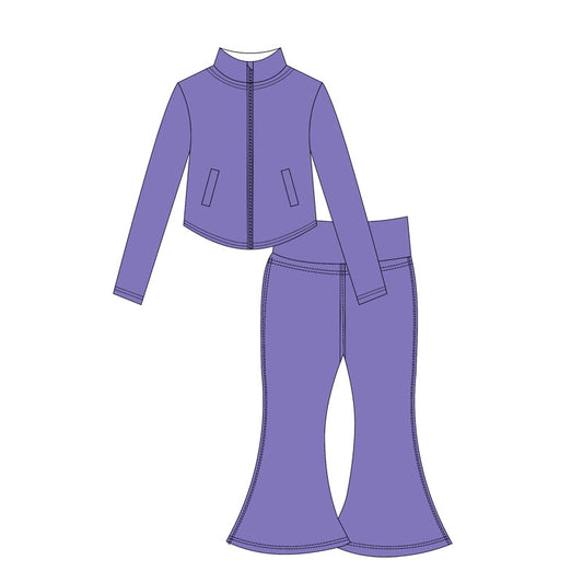Preorder moq 10 Baby Girls Purple Long Sleeves Pockets Zipper Top Bell Bottom Pant Activity Wear Yoga Set