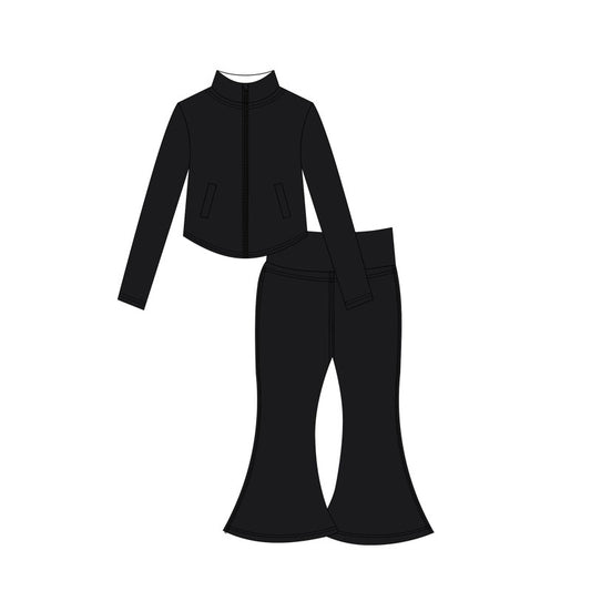 Preorder moq 10 Baby Girls Black Long Sleeves Pockets Zipper Top Bell Bottom Pant Activity Wear Yoga Set