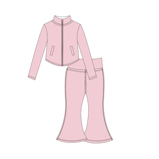 Preorder moq 10 Baby Girls Light Pink Long Sleeves Pockets Zipper Top Bell Bottom Pant Activity Wear Yoga Set