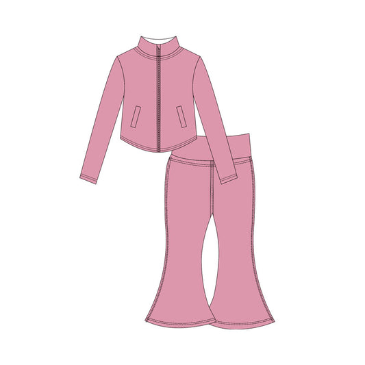 Preorder moq 10 Baby Girls Pink Long Sleeves Pockets Zipper Top Bell Bottom Pant Activity Wear Yoga Set