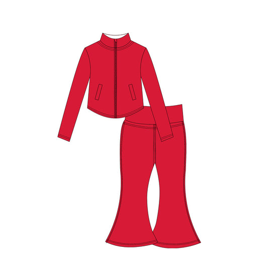 Preorder moq 10 Baby Girls Red Long Sleeves Pockets Zipper Top Bell Bottom Pant Activity Wear Yoga Set