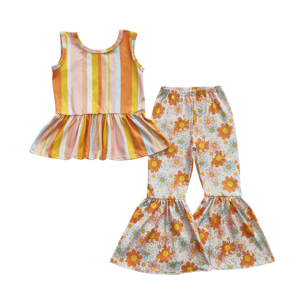 Baby Girls Stripe Sunflower Bell Pants Clothes Sets(can choose headband here)