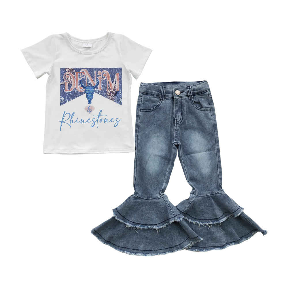 Baby Girls Rhinestone Shirt Navy Bell Denim Pants clothes sets(can choose belt here)