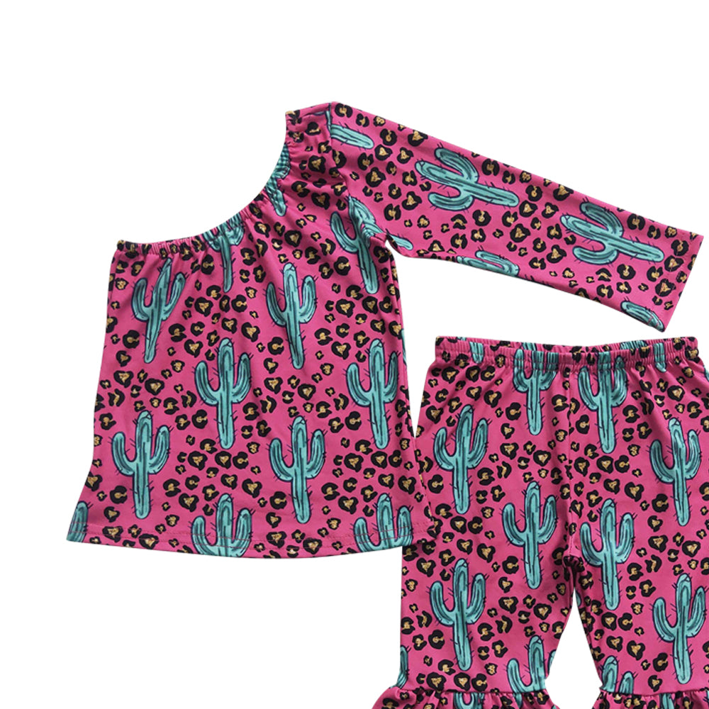 Baby Girls Pink One Shoulder Top Cactus Bell Pants Clothes Sets