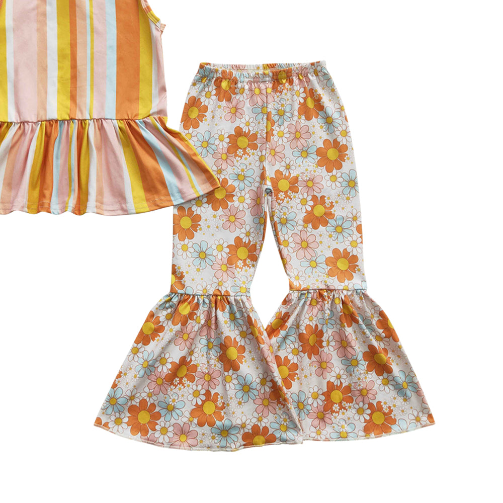 Baby Girls Stripe Sunflower Bell Pants Clothes Sets(can choose headband here)