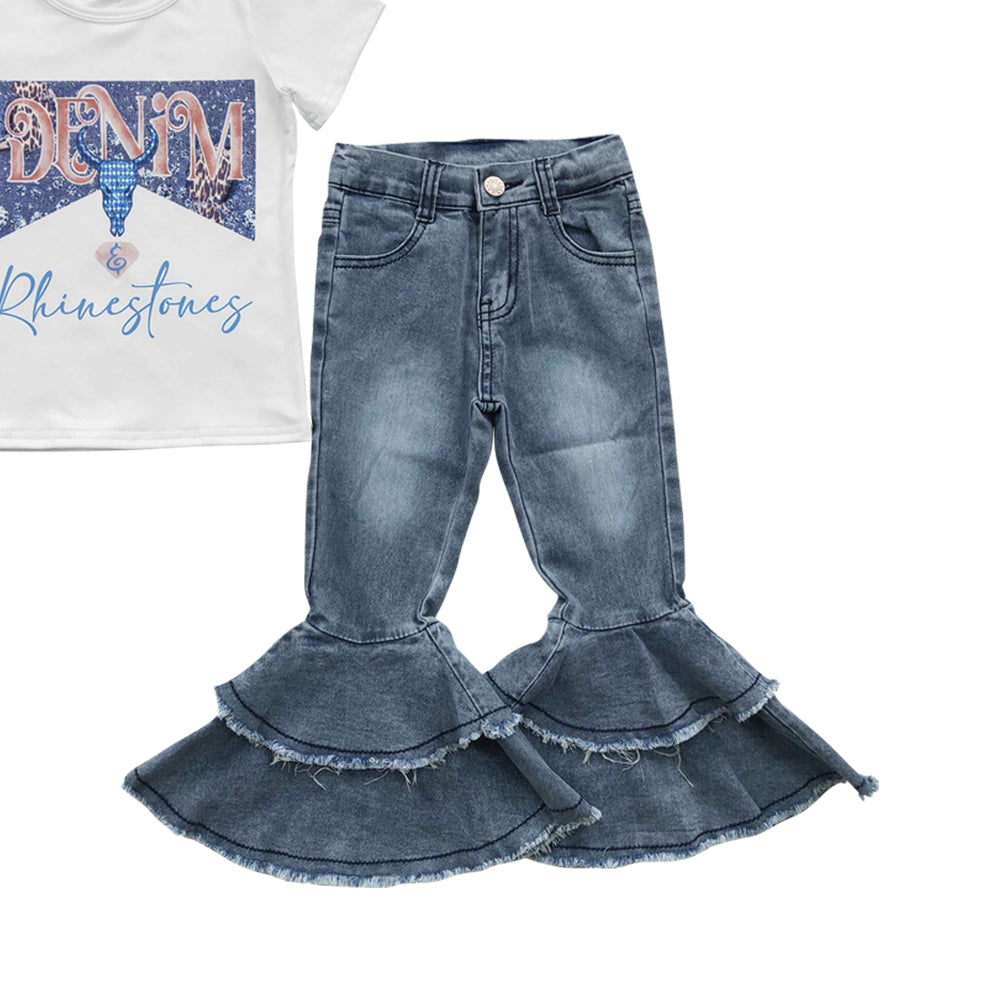 Baby Girls Rhinestone Shirt Navy Bell Denim Pants clothes sets(can choose belt here)