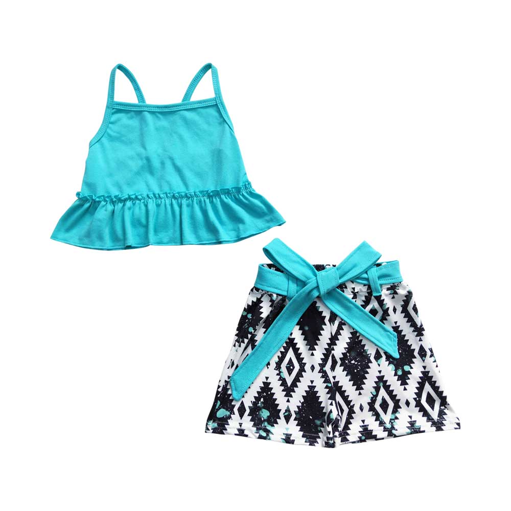 Baby Girls Blue Strap Top Aztec Belts Shorts Sets