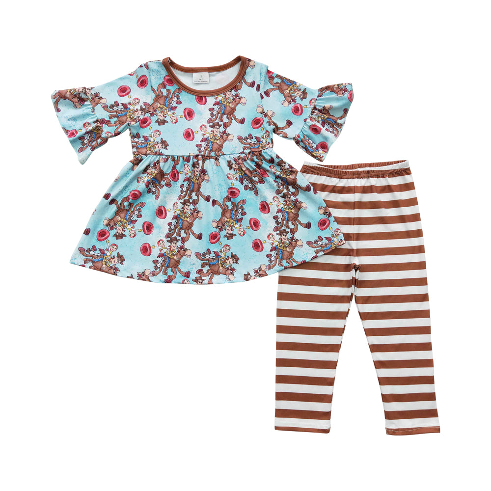 Baby Girls Brown Cartoon Tunic Stripe Legging Pants Clothes Sets