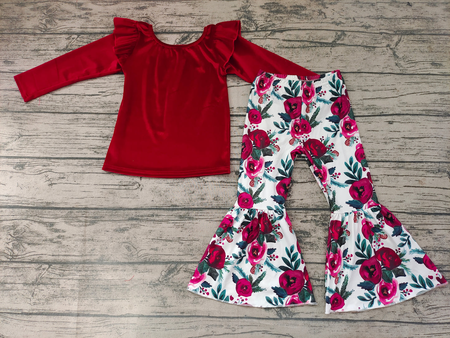 Baby Girls Red Velvet Top Floral Bell Pants Clothes Sets