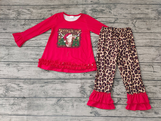 Baby Girls Christmas cow leopard Double ruffle Pants Clothes Sets