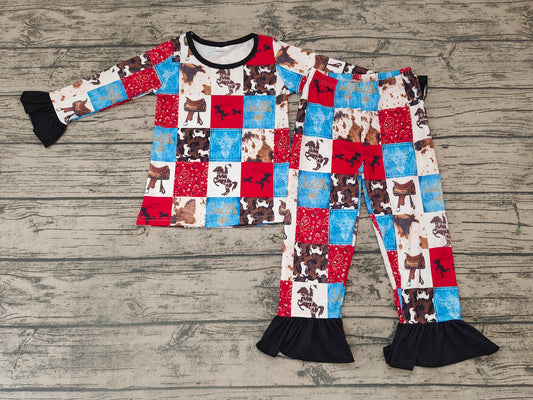 Baby Girls western horse Pajamas Clothes Sets