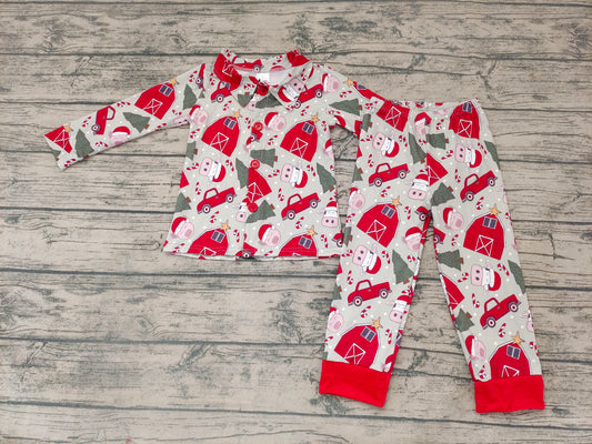 Baby Boys Christmas Farm Button Ups Pajamas Sets