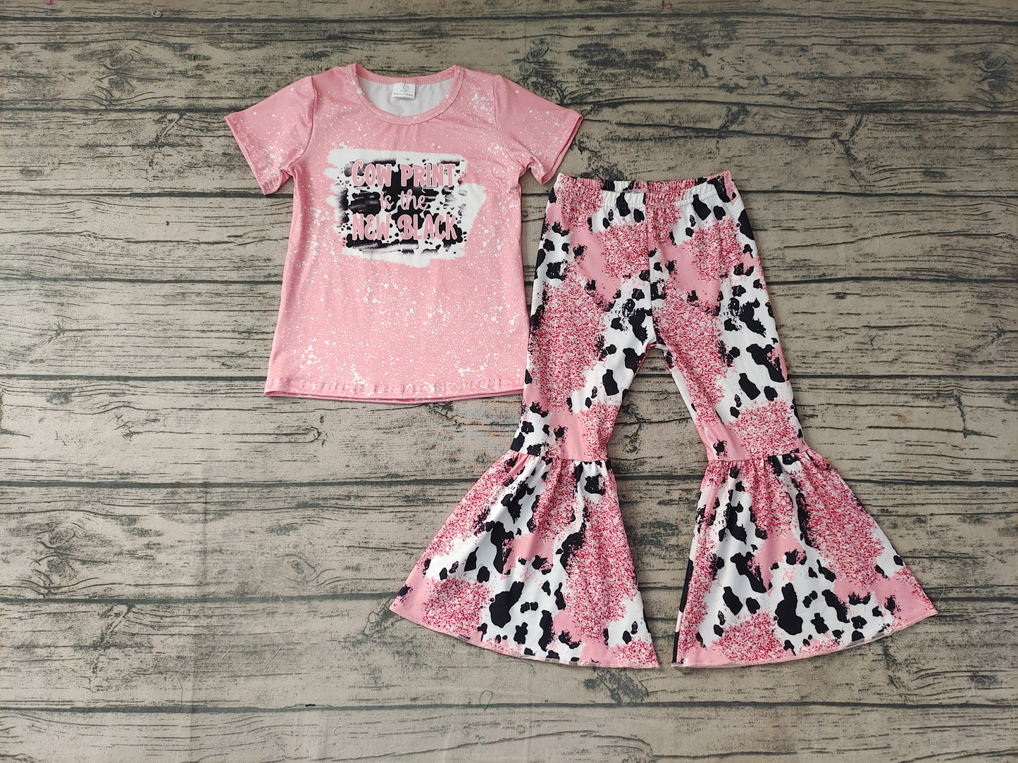 Baby girls Cow Print Pink Western bell pants clothes sets