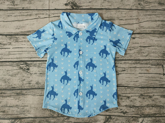 Baby Boys Western Blue Horse Short Sleeve Shirts Tops