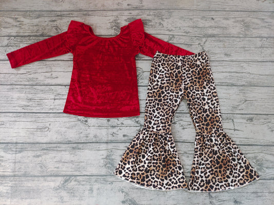 baby girls velvet top leopard bell pants sets