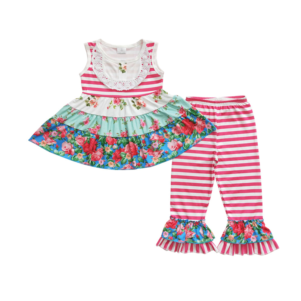 Girls Baby Sleeveless Floral Pink Stripe Tunic Capris Outfits Sets