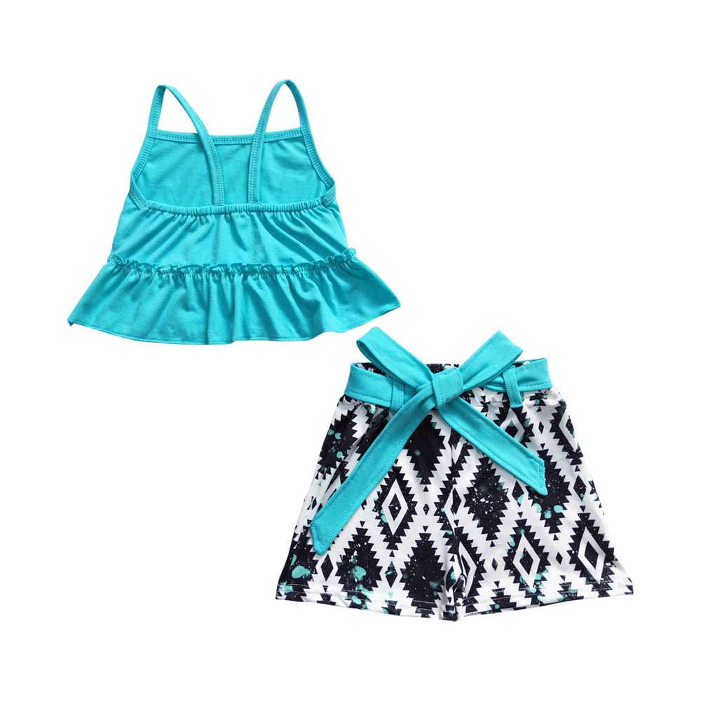 Baby Girls Blue Strap Top Aztec Belts Shorts Sets