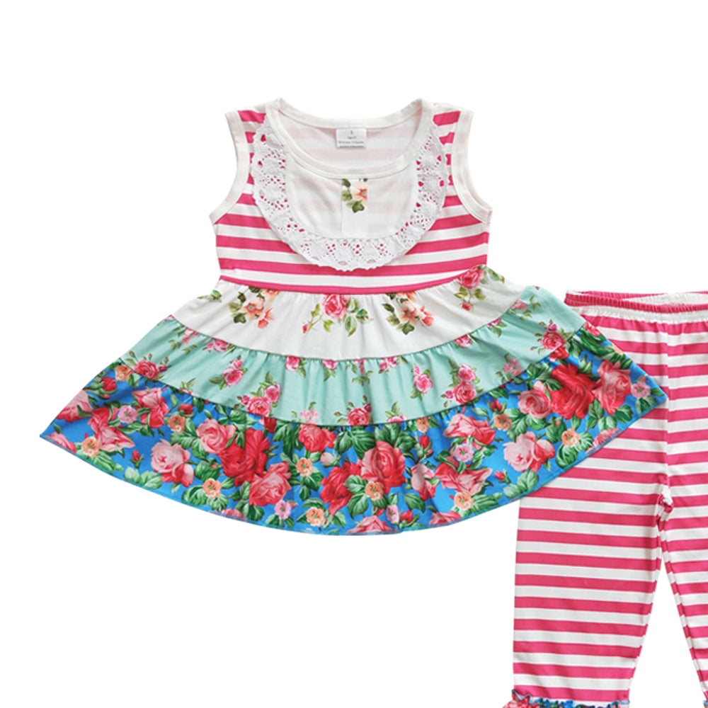 Girls Baby Sleeveless Floral Pink Stripe Tunic Capris Outfits Sets