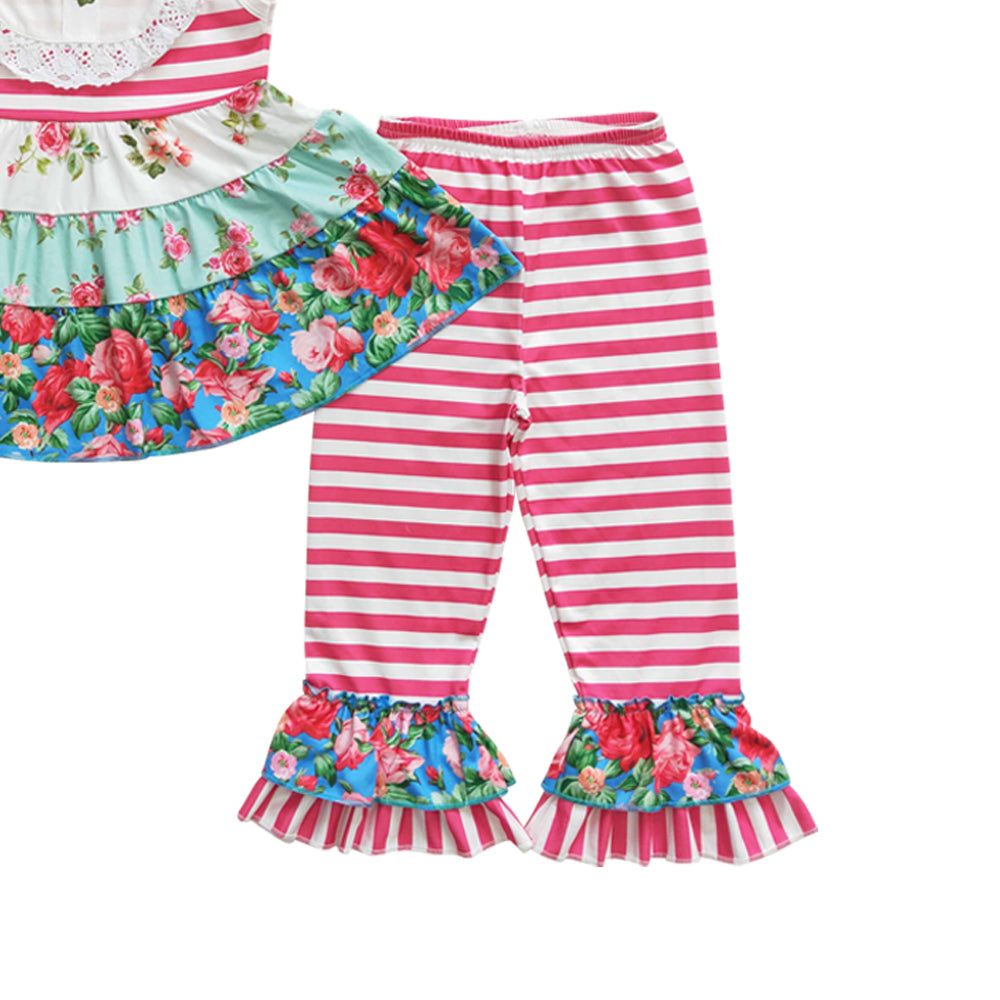 Girls Baby Sleeveless Floral Pink Stripe Tunic Capris Outfits Sets