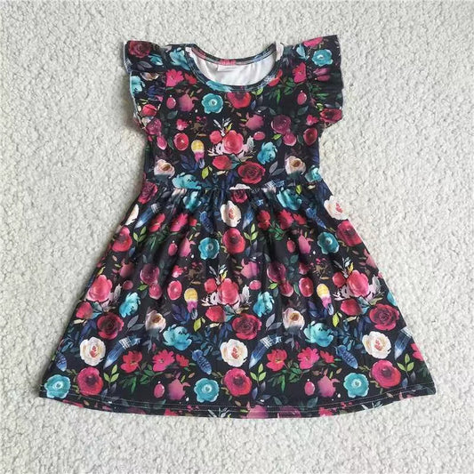 Baby girls black red flower pearl dresses 221104