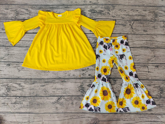 Baby Girls yellow sunflower cow pants clothes sets