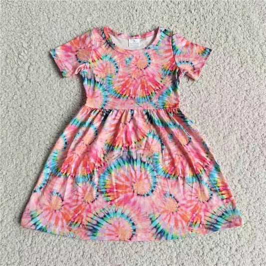 Baby girls pink tie dye short sleeve pearl dresses 221130