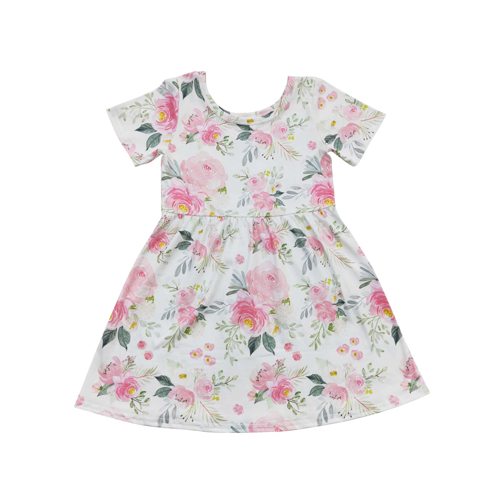 Baby Girls Pink Flowers Short Sleeve Knee Length Dresses