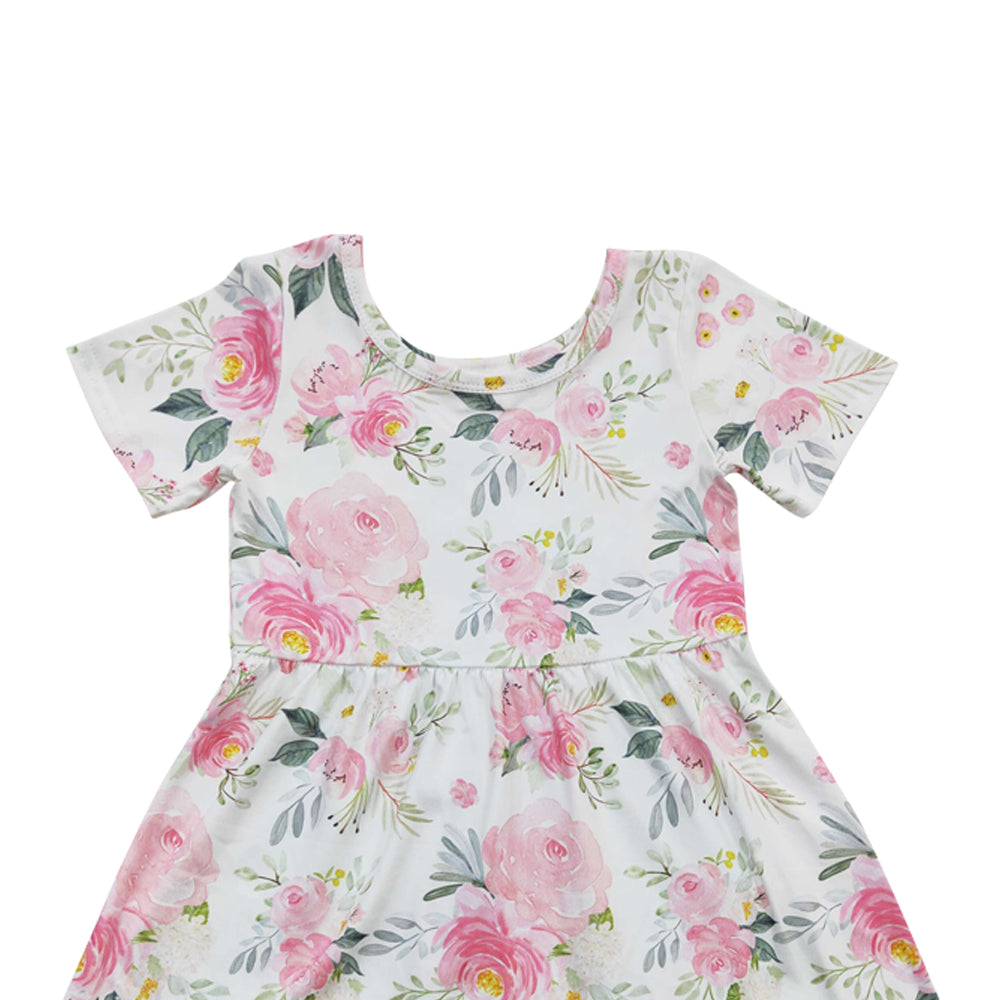 Baby Girls Pink Flowers Short Sleeve Knee Length Dresses